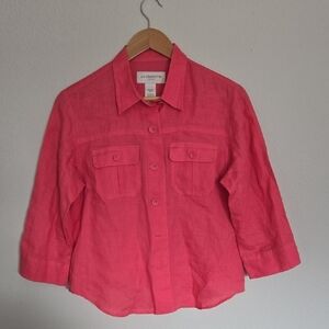Liz Claiborne Bright Pink Button Down Shirt Casual 100% Linen Shirt